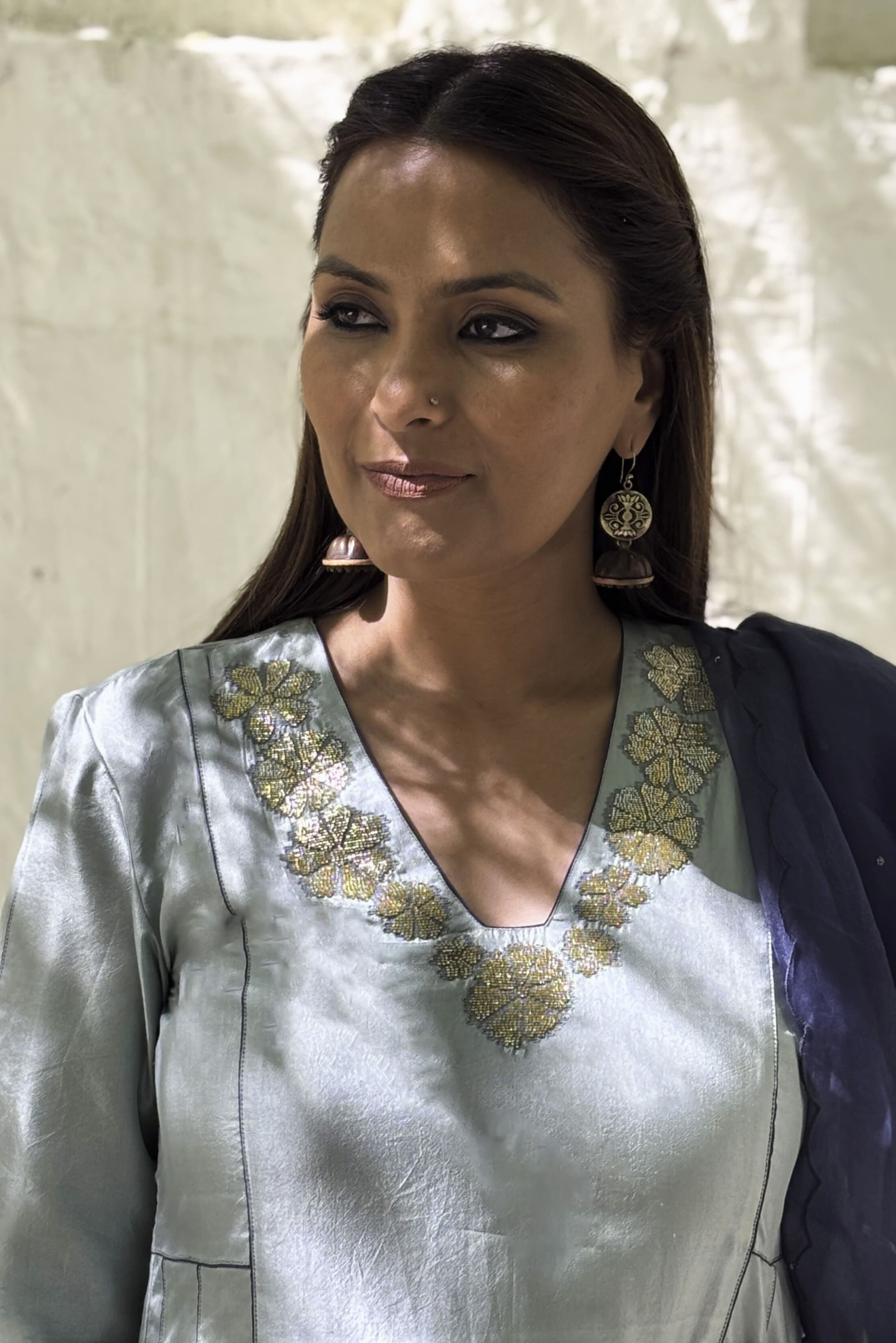 MIST SILK EMBROIDERED KURTA SET WITH ORGANZA DUPATTA