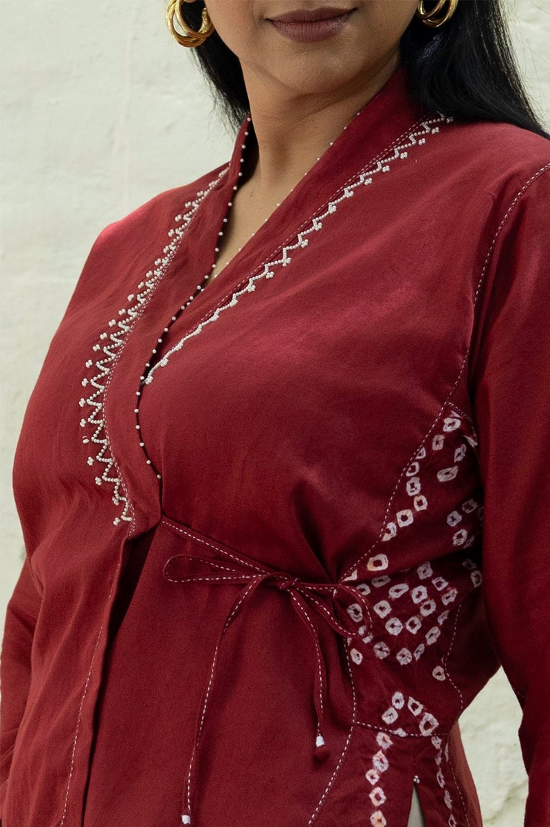 RED WRAP TOP WITH BANDHANI PANEL - RTS