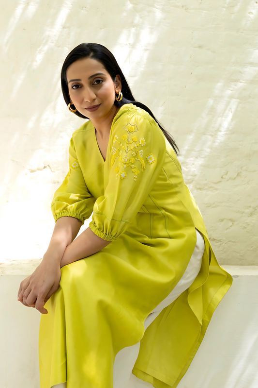 Lime kurta set with tonal beads embroidery