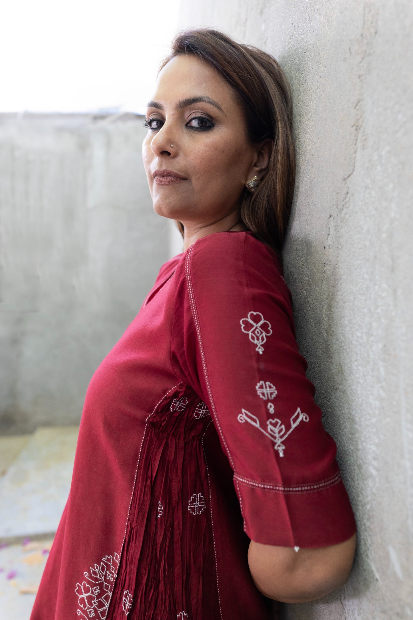 RED KURTA-PANT SET WITH ROUCHED PANLES