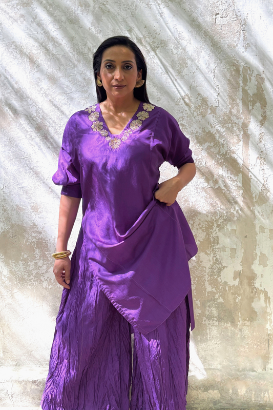 PURPLE CUTDANA KURTA SET WITH ORGANZA DUPATTA