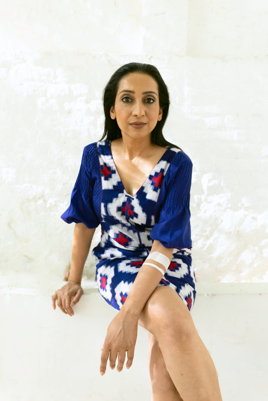 BLUE IKAT DRESS WITH  PIN TUCKED PANELS