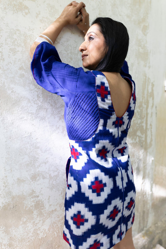 BLUE IKAT DRESS WITH  PIN TUCKED PANELS