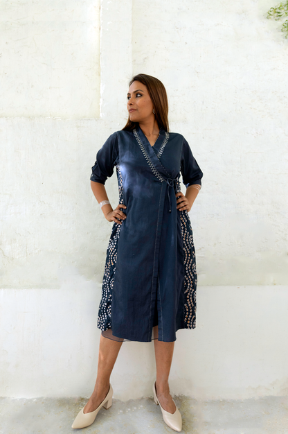CHARCOAL WRAP DRESS WITH BANDHANI PANEL