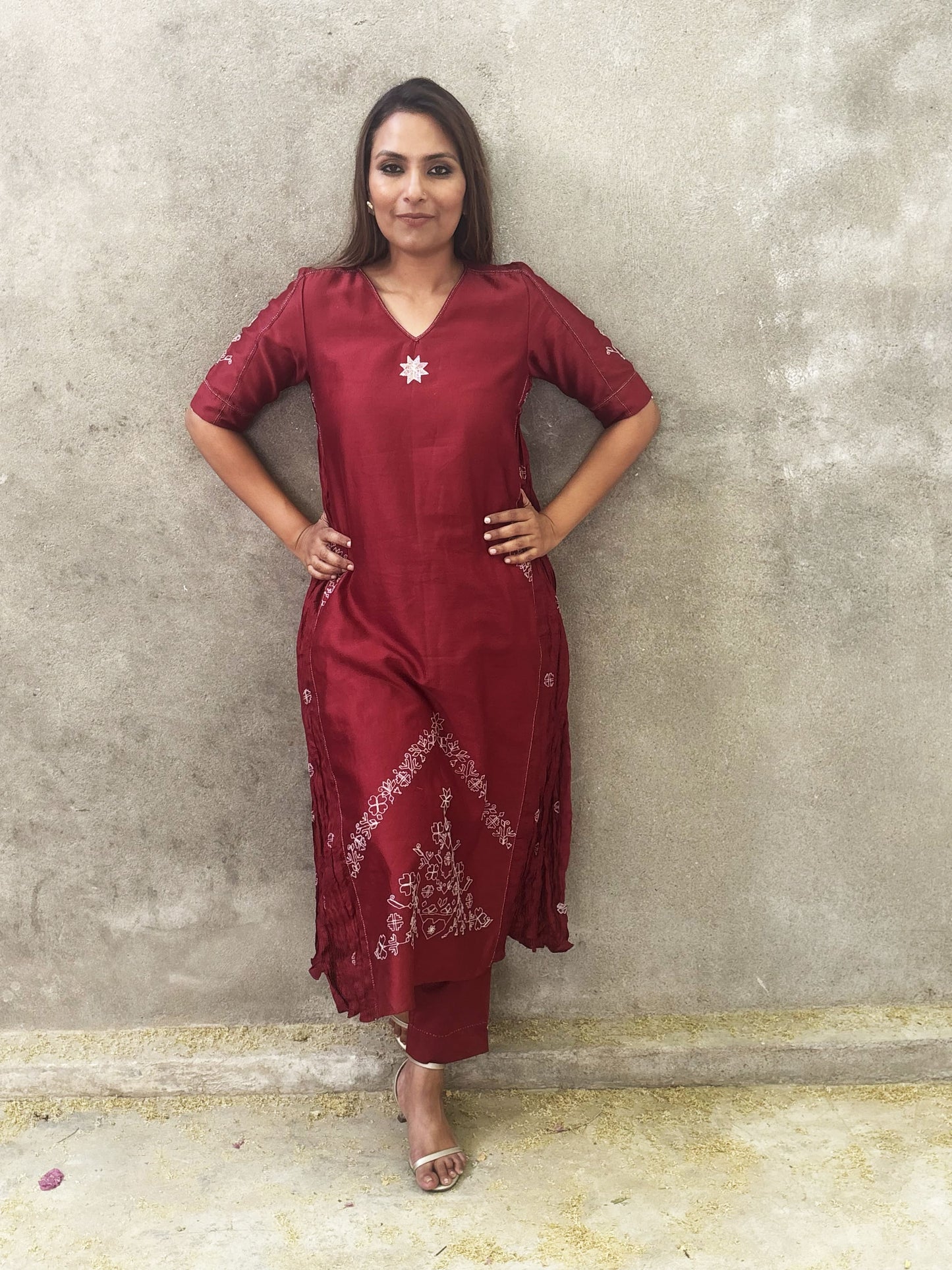 RED KURTA-PANT SET WITH ROUCHED PANLES