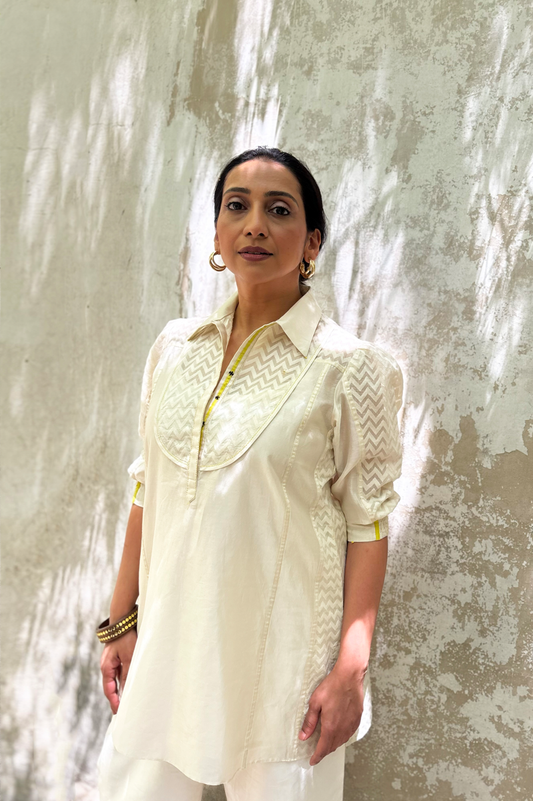 IVORY CHANDERI TOP WITH ZIG ZAG JAQUARD