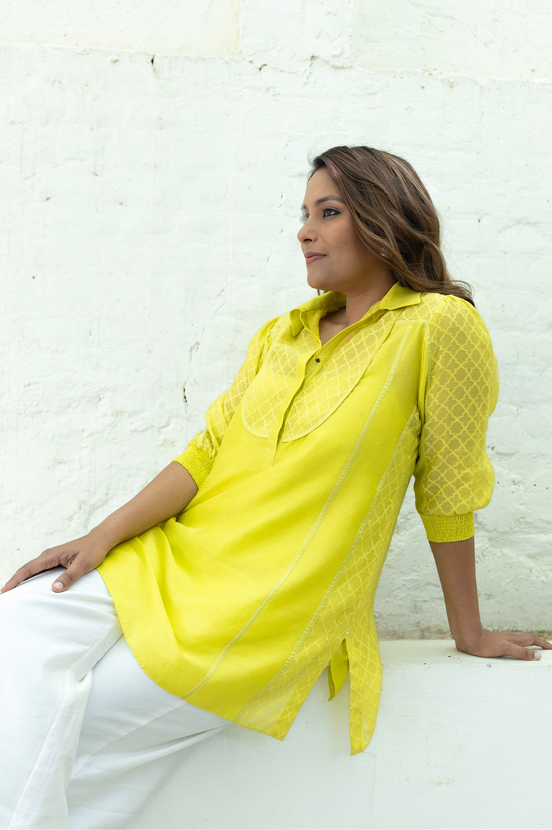 LIME CHANDERI TOP WITH LATTICE JAQUARD