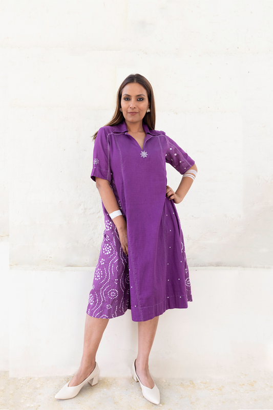 LILAC COTTON DRESS WITH BANDHANI PANEL