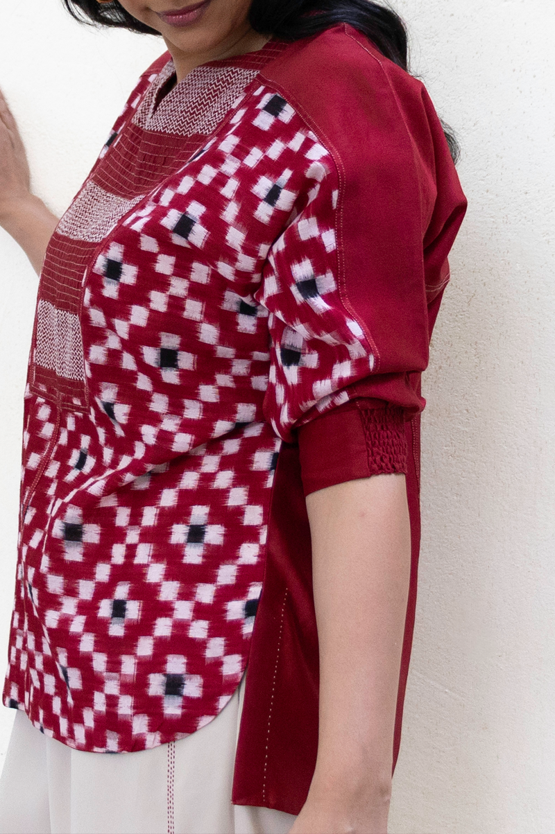 RED IKAT TOP WITH CHEVRON PATTERN IN  YOKE - RTS