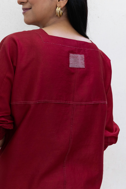 RED IKAT TOP WITH CHEVRON PATTERN IN  YOKE - RTS