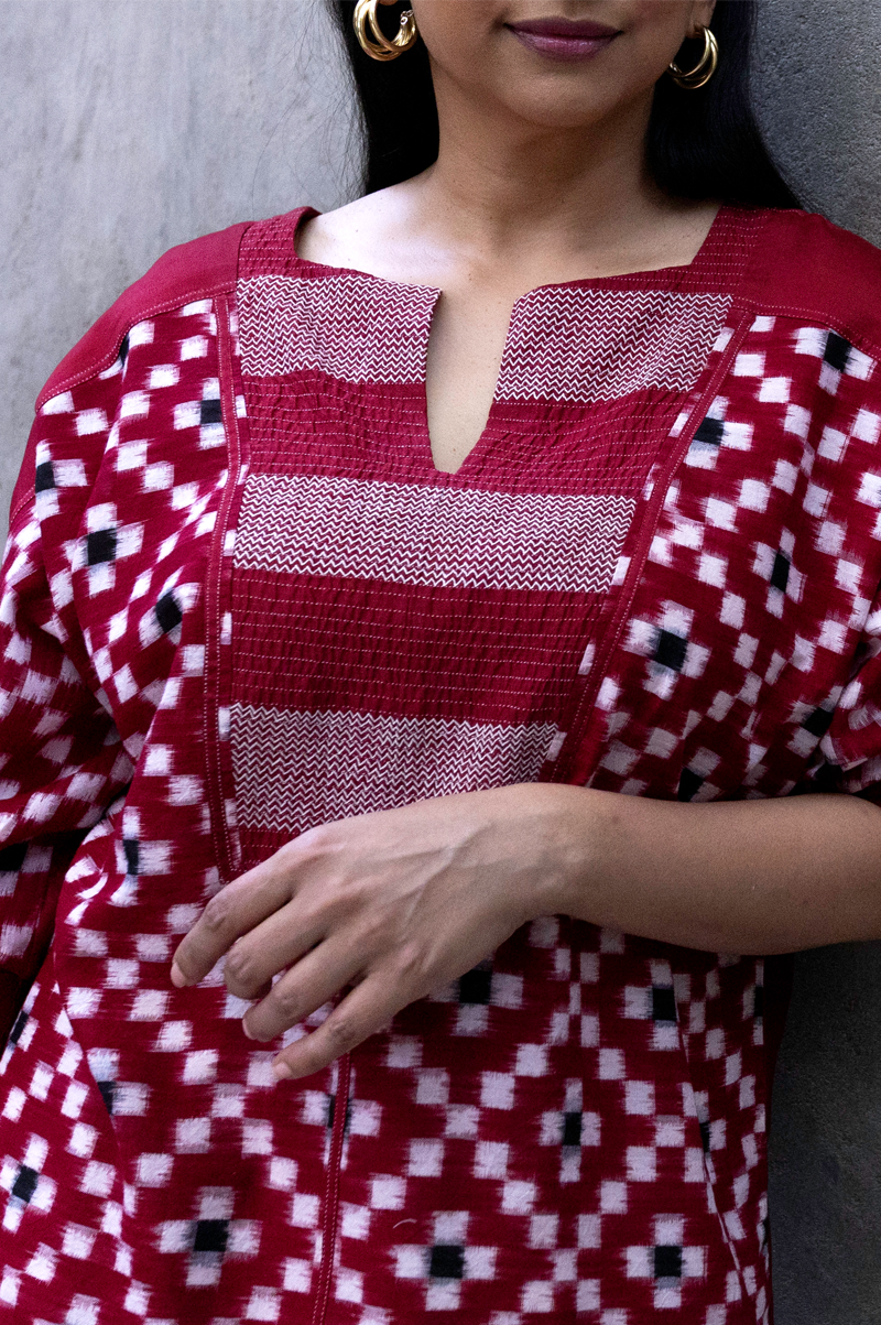 RED IKAT TOP WITH CHEVRON PATTERN IN  YOKE - RTS