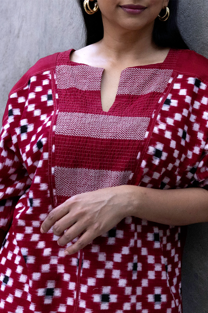 RED IKAT TOP WITH CHEVRON PATTERN IN  YOKE - RTS