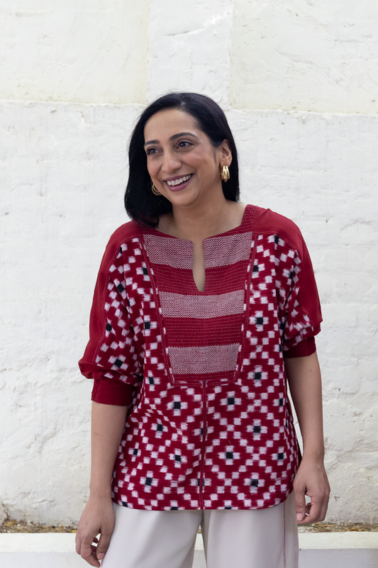RED IKAT TOP WITH CHEVRON PATTERN IN  YOKE - RTS