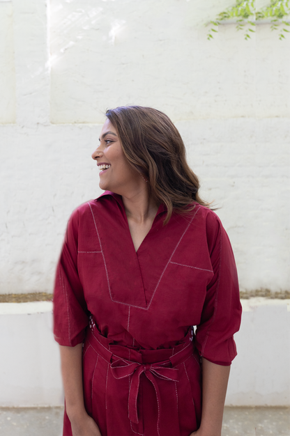 RED COLLARED SHIRT WITH OVERLAPPING PLACKET -RTS