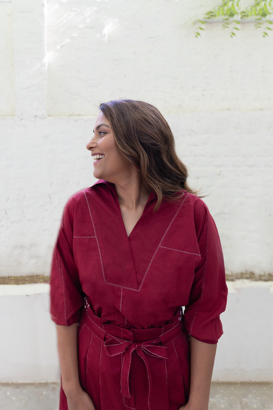 RED COLLARED SHIRT WITH OVERLAPPING PLACKET