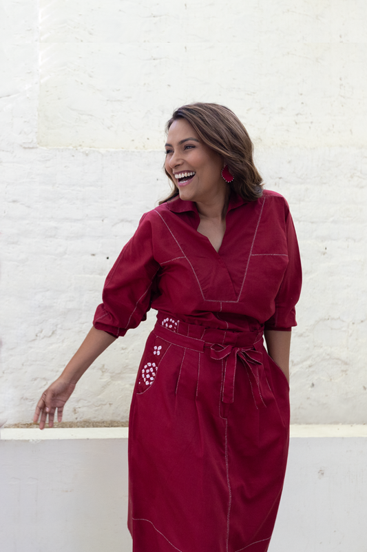 RED COTTON SKIRT WITH BANDHANI IN POCKETS