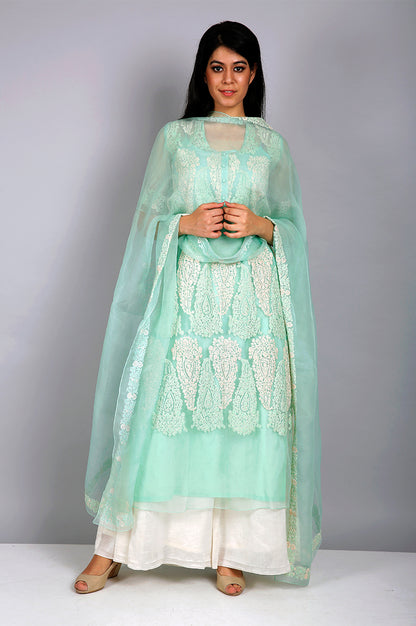 MINT ORGANZA KURTA SET WITH PAISLEY MOTIFS
