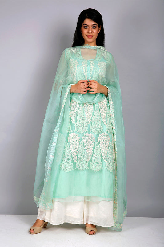 MINT ORGANZA KURTA SET WITH PAISLEY MOTIFS