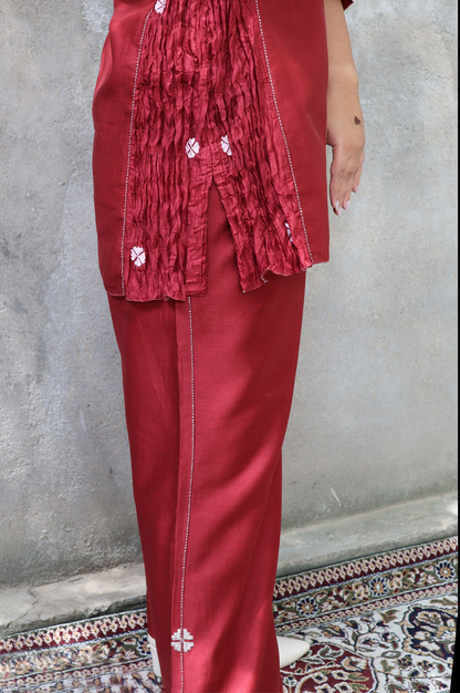 DEEP RED CHANDERI CO- ORD SET WITH THREAD MOTIFS