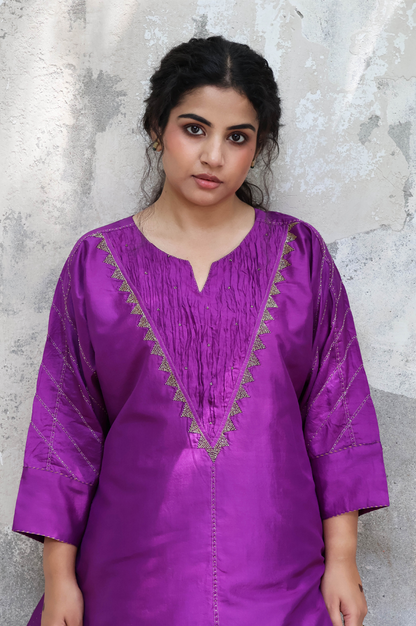 PURPLE SILK CO-ORD SET WITH CRINKLED YOKE