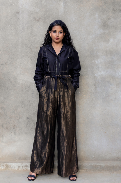 BLACK CHANDERI SHIRT WITH ZARI STRIPED PANTS