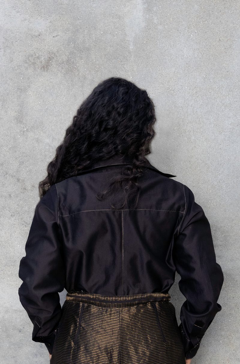 BLACK CHANDERI SHIRT WITH ZARI STRIPED PANTS