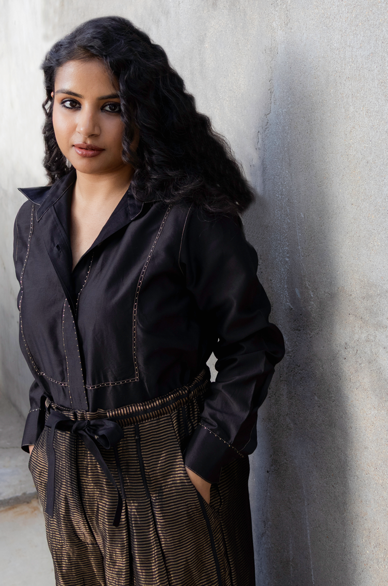 BLACK CHANDERI SHIRT WITH ZARI STRIPED PANTS