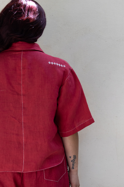 RED COTTON LINEN CO-ORD SET WITH LACE POCKET