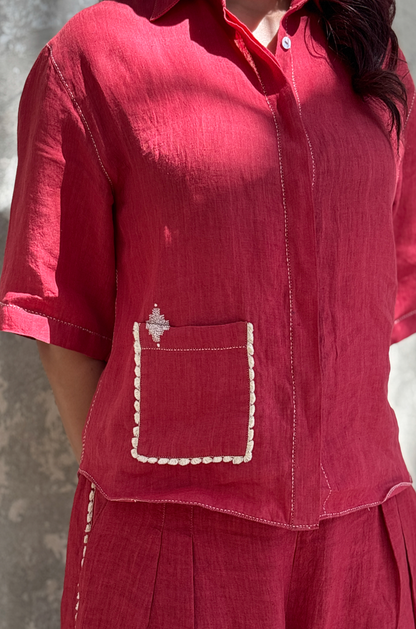 RED COTTON LINEN CO-ORD SET WITH LACE POCKET