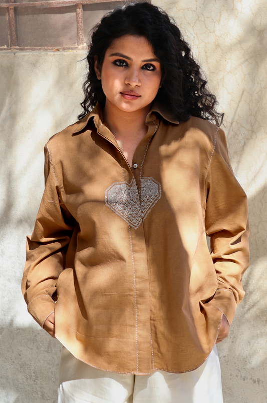 TAN SHIRT WITH HEART MOTIF