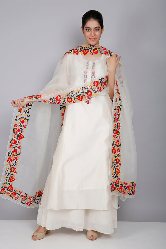 IVORY CHANDERI KURTA SET WITH MULTI FLORAL EMBROIDERY