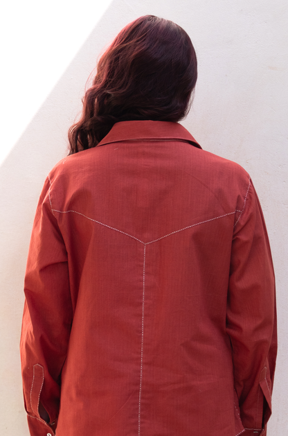 RED COTTON LINEN SHIRT WITH THREAD EMBROIDERY