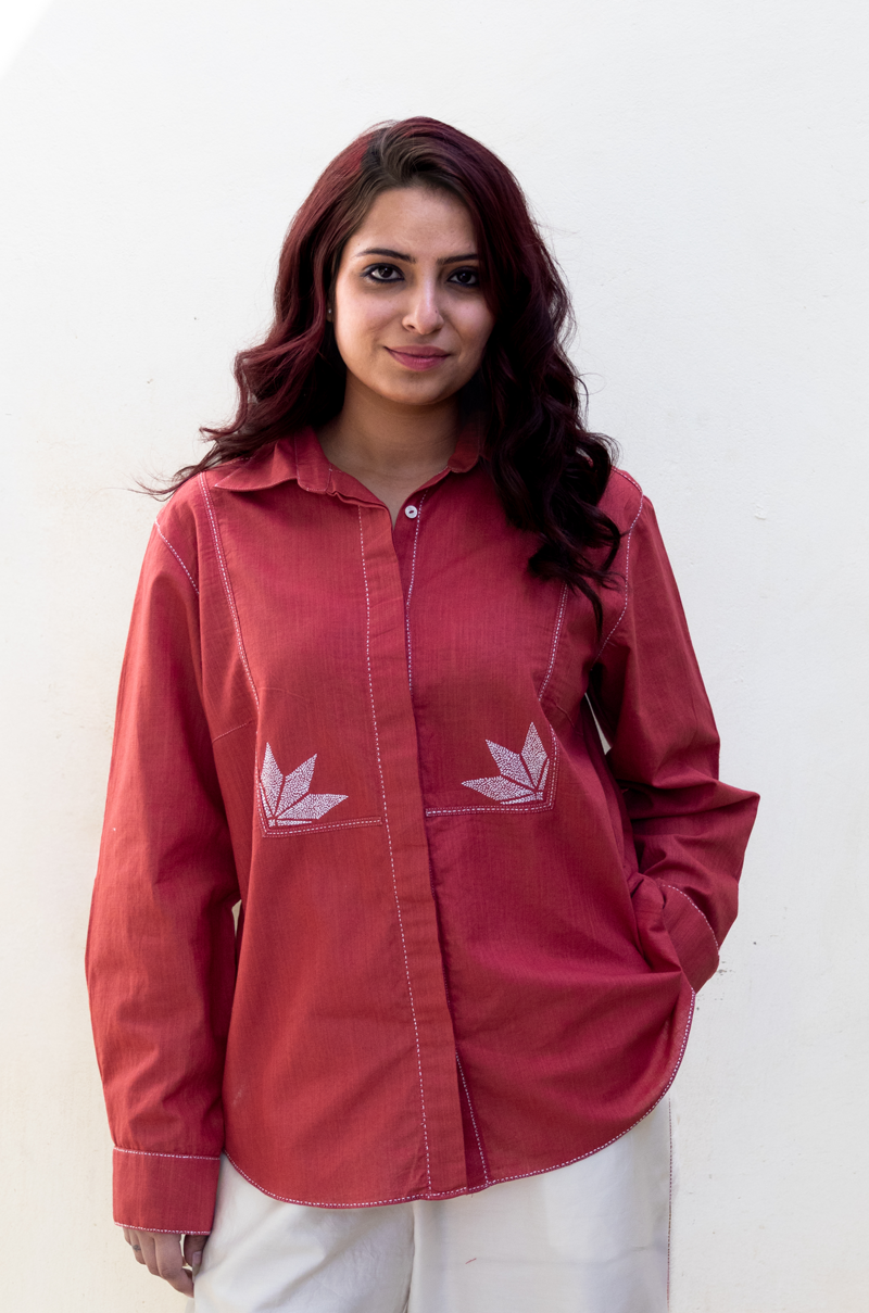 RED COTTON LINEN SHIRT WITH THREAD EMBROIDERY