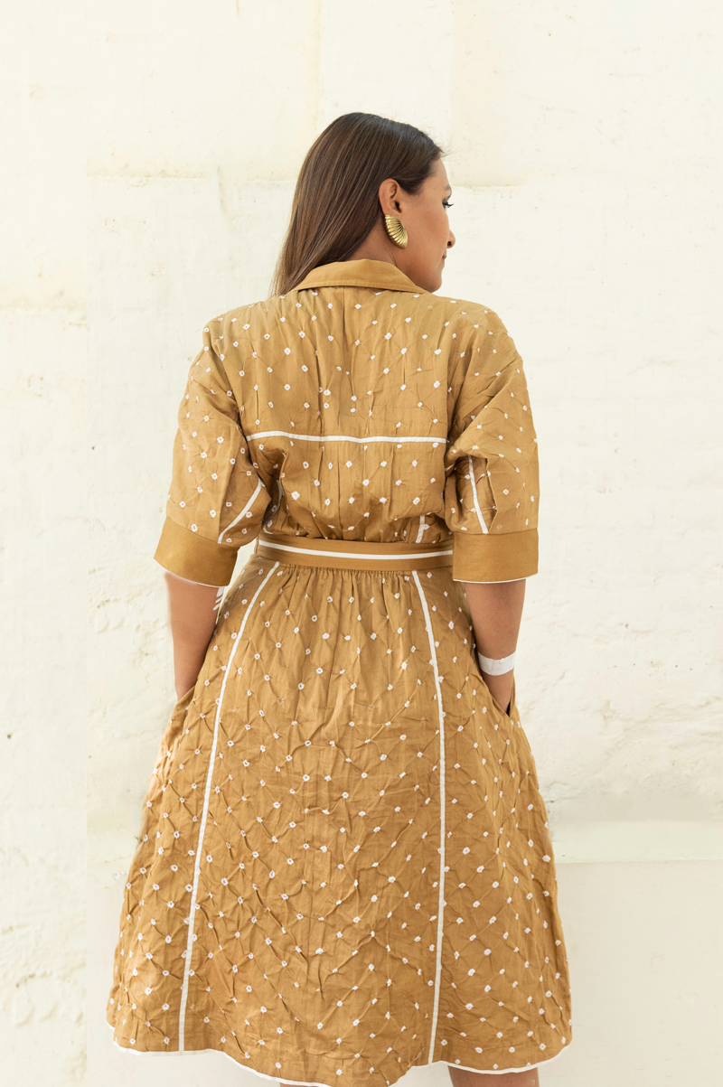 TAN COTTON DRESS WITH BANDHANI BACK