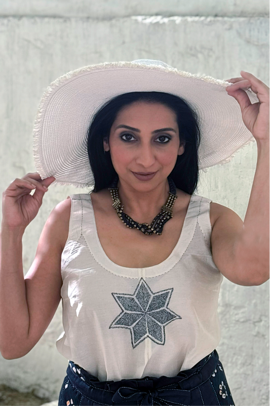 IVORY TANK TOP IN CHANDERI WITH STAR MOTIF