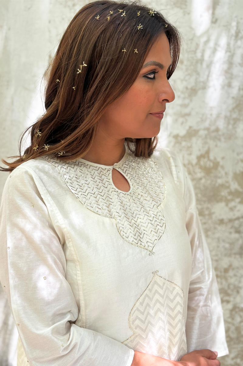 IVORY CHANDERI GUMBAD KURTA SET - RTS